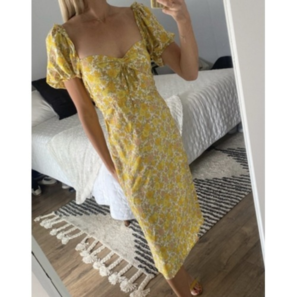 Faithfull The Brand‎ Dress Womens Medium Yellow Floral Puff Sleeve Midi Sundress